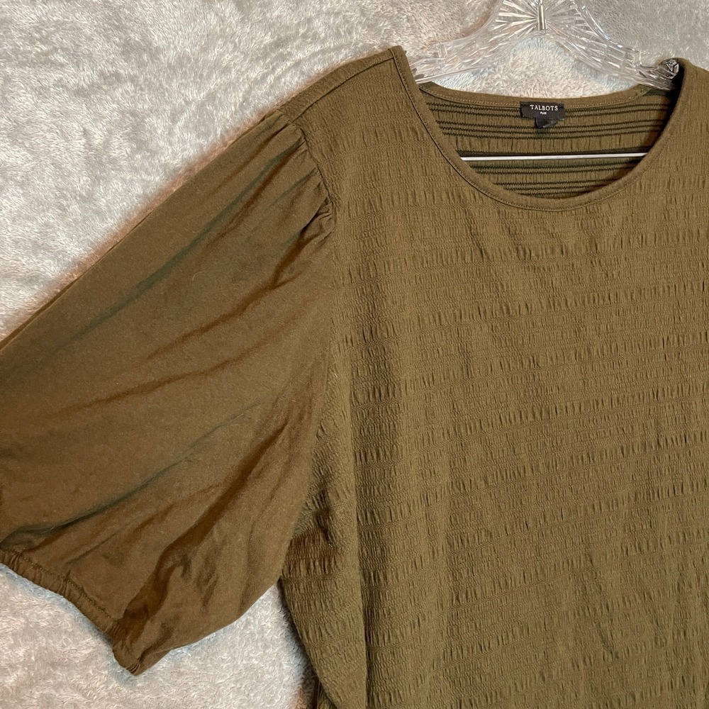 Talbots Women Smocked Short Sleeve Top 2X Plus Green Minimalist Casual Chic